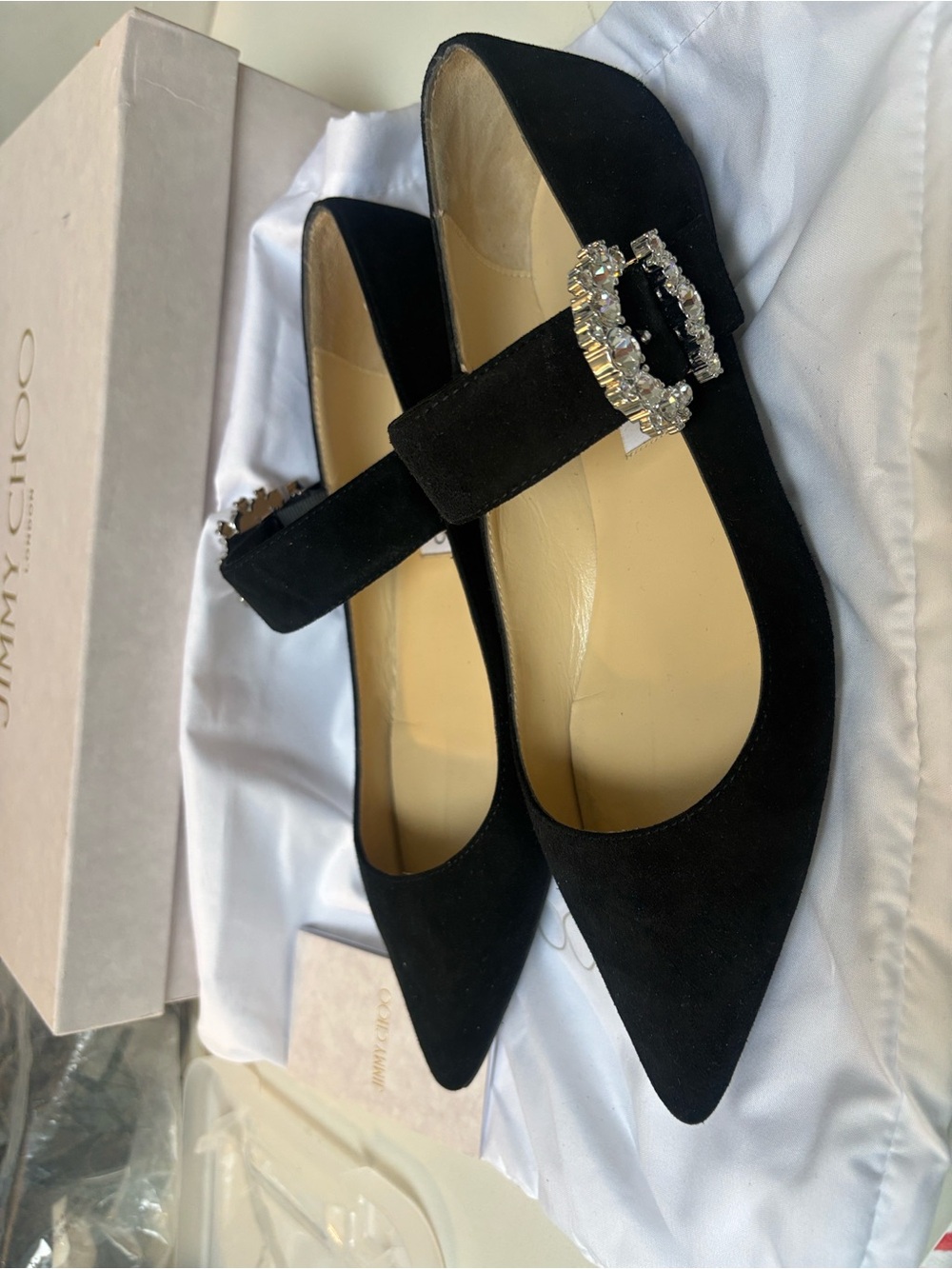 Jimmy Choo Black Suede Mary Jane Flats with Crystal Buckle Detail